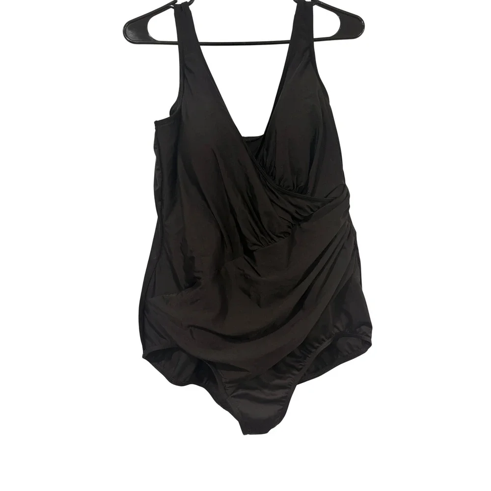 Miraclesuit Womens Black Surplice Ruched One Piece Swimsuit Size 22W